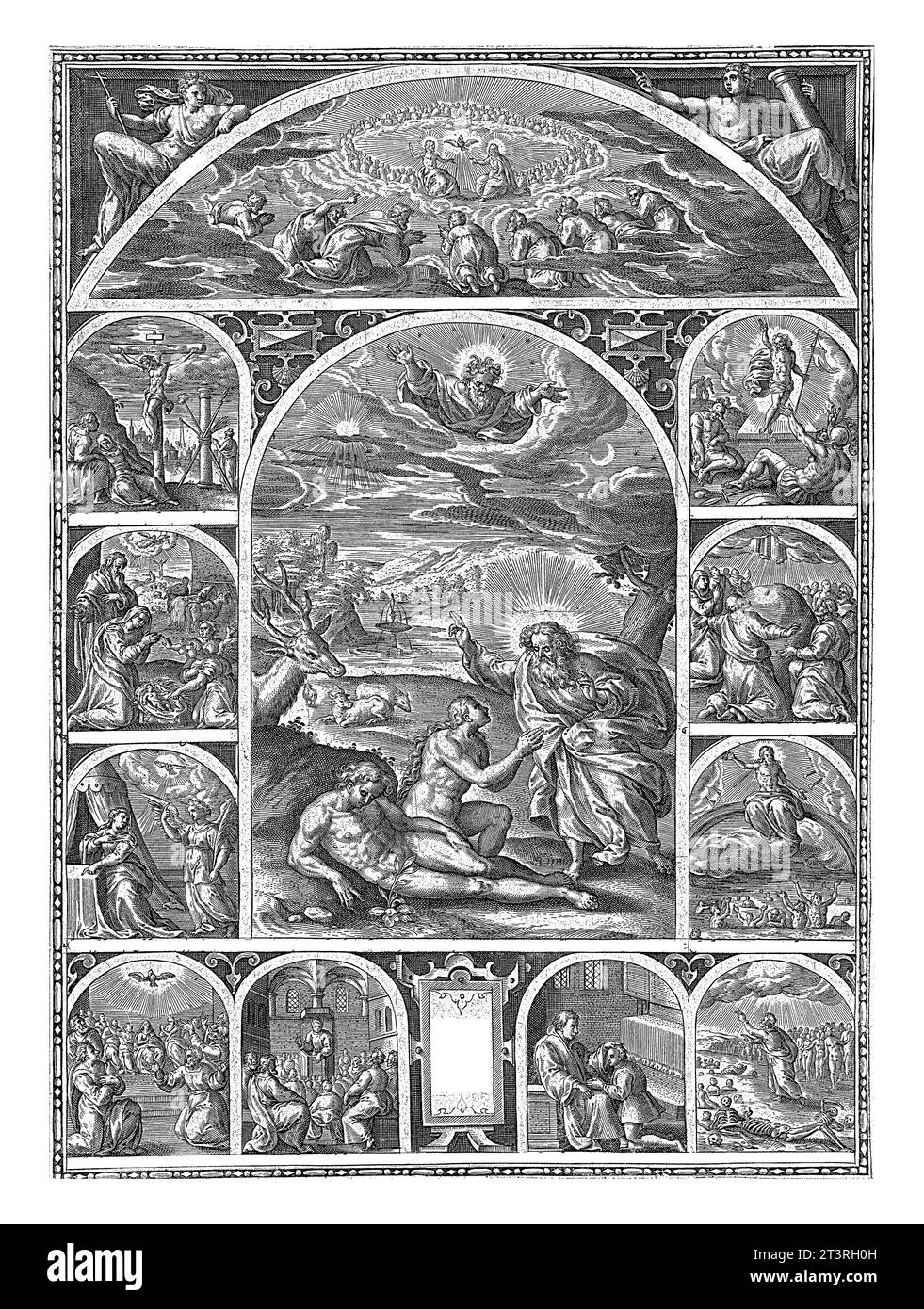 Création d'Adam et Eve et scènes de la vie du Christ, anonyme, 1600 - 1699 Dieu crée Adam et Eve au paradis (ci-dessous). Banque D'Images