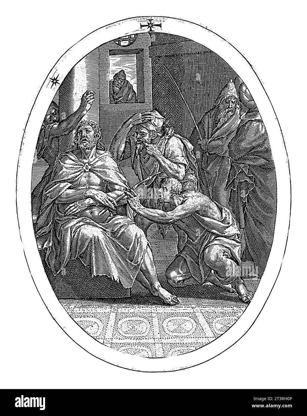 Moquerie du Christ, Crispijn van de passe (I), 1600 Christ est moqué par les soldats. La représentation est encadrée dans un cadre ovale avec une bordure lette Banque D'Images