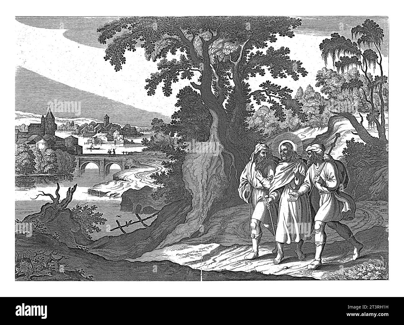 Gens à Emmaus, anonyme, 1630 - 1702 Christ rencontre deux disciples et marche avec eux jusqu'au village d'Emmaus. Banque D'Images