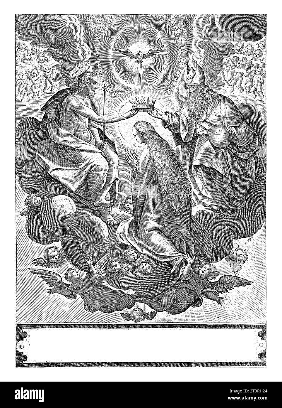 Couronnement de Marie, Adriaen Collaert, d'après Jan van der Straet, 1587 - 1591 la Vierge Marie s'agenouille. Elle est couronnée au ciel par Dieu le Père et Chr Banque D'Images