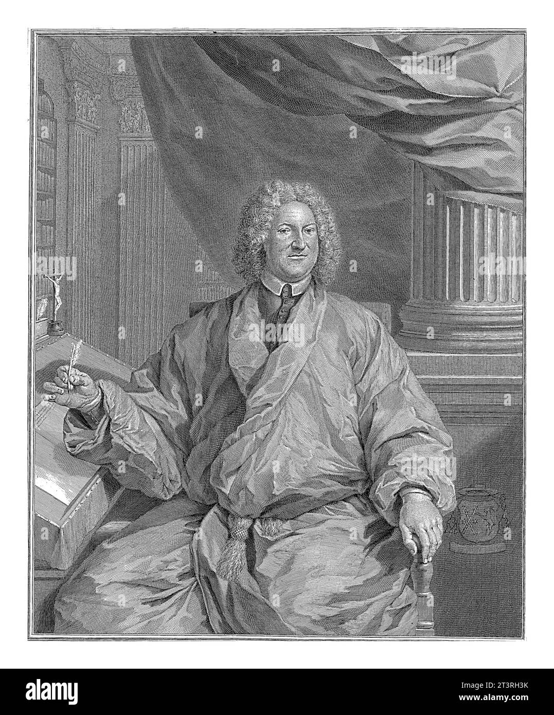 Portrait de Jacobus Ignatius Krijs, Jacob Houbraken, d'après Jan Wandelaar, 1724 - 1780 pièce de genou de Jacobus Ignatius Krijs assis à une table d'écriture, Banque D'Images