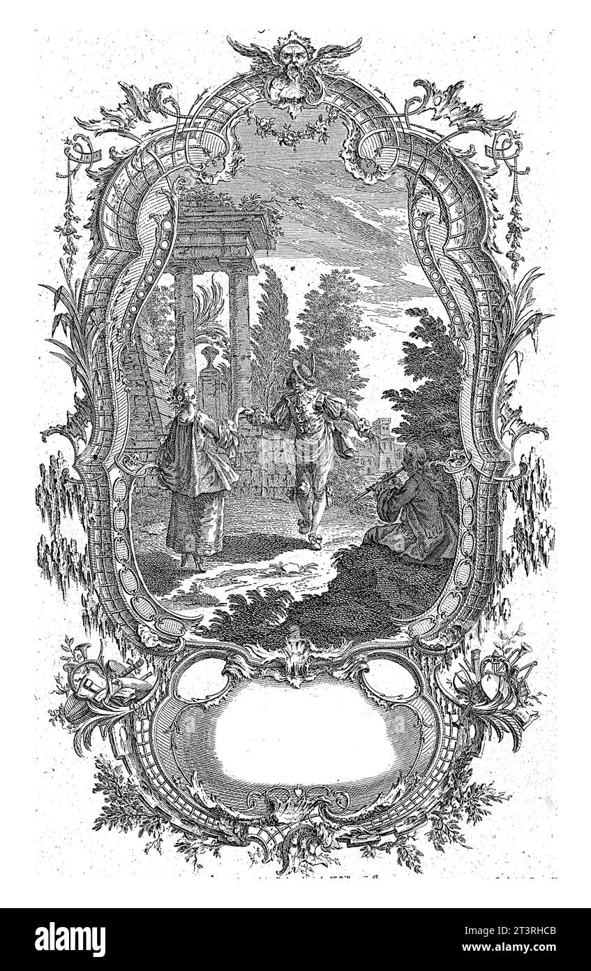 Couple dansant, Carl Albert von Lespilliez, d'après François de Cuvillies (Sr.), 1745 Un homme et une femme dansent sur la musique du flûtiste assis Banque D'Images