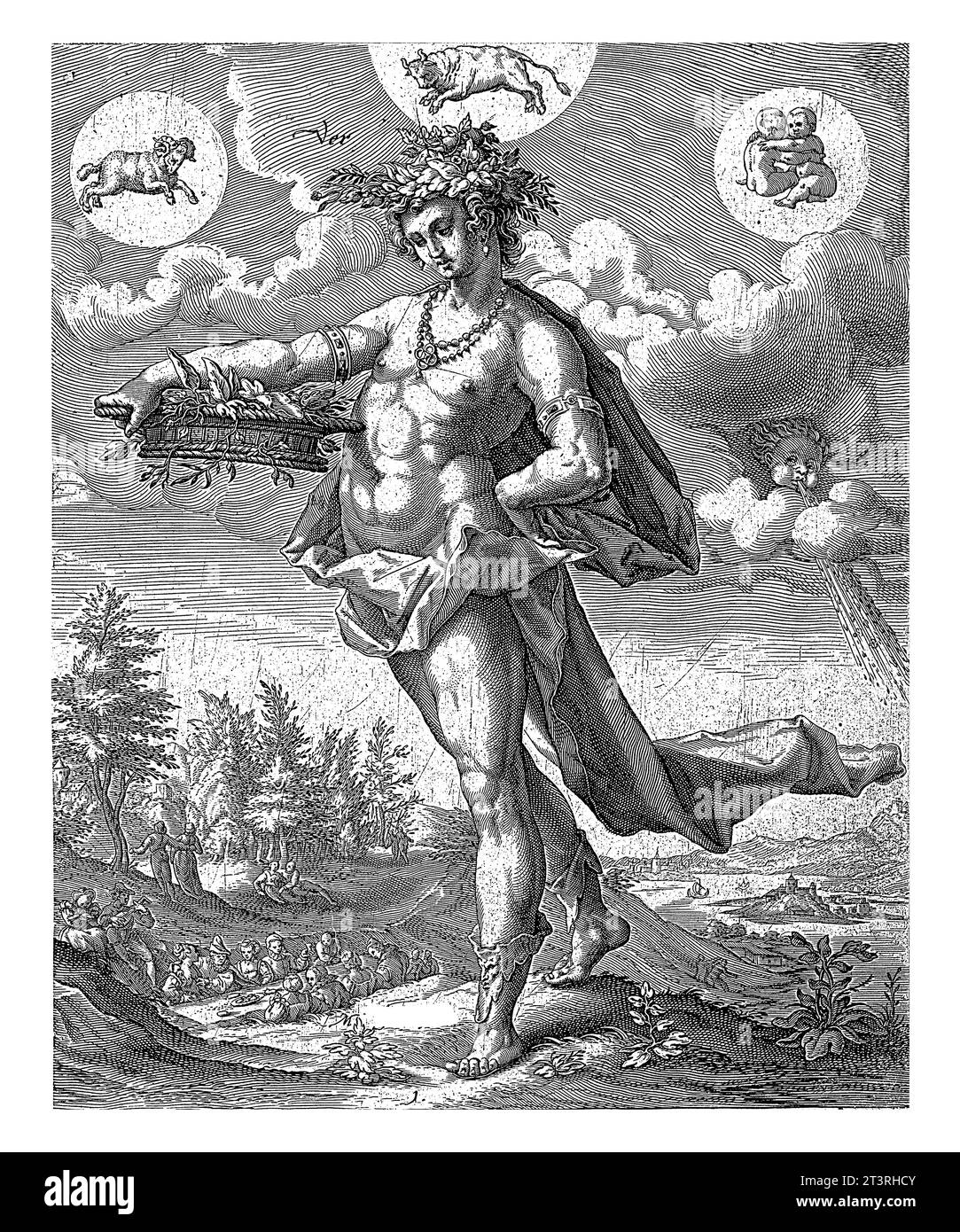 Printemps, Matthaeus Greuter, d'après Hendrick Goltzius, 1585 - 1638 avec légende en latin, vintage gravé. Banque D'Images