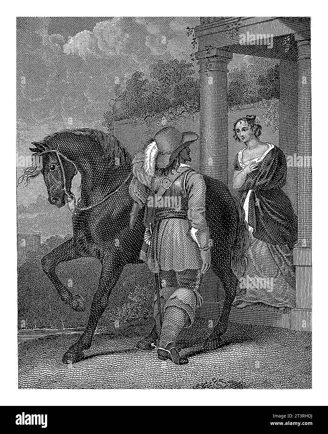 Cavalier à côté de son cheval avec une femme à côté d'une colonne, Philippus Velijn, 1832 Une femme se tient à côté d'une colonne d'un bâtiment dans un paysage. Banque D'Images