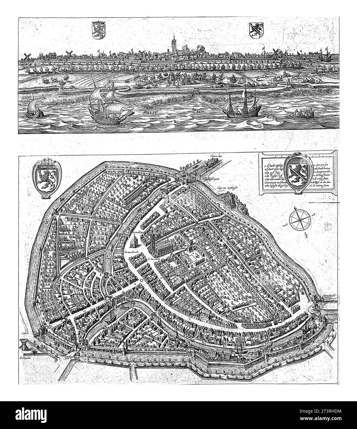 Panorama et carte de Schiedam, 1598, Jacob de Gheyn (II), 1700 - 1800 au-dessus d'un panorama de Schiedam, avec la rivière Maas au premier plan et le Sint- Banque D'Images