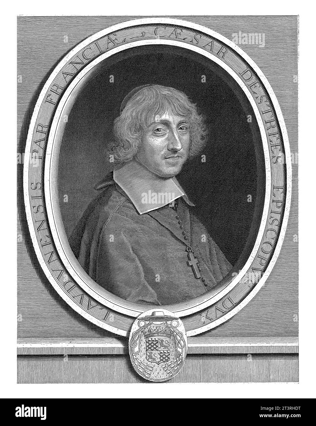 Portrait de César d'Estrees, Robert Nanteuil, 1660 Portrait de César, cardinal d'Estee, dans un cadre ovale avec texte. En bas un blason. Banque D'Images