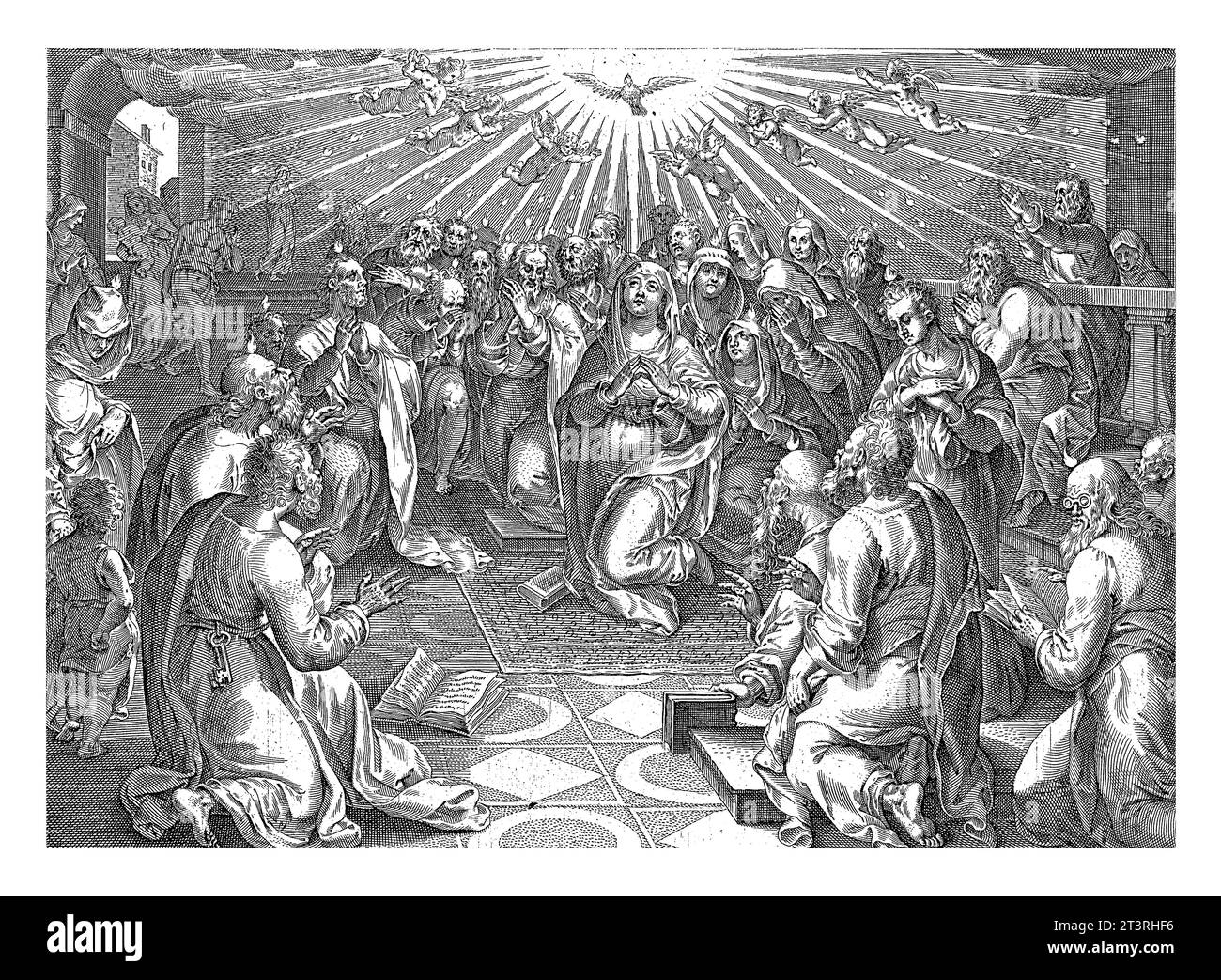 Effusion du Saint-Esprit, Claes Jansz. Visscher, d'après Philips Galle, d'après Jan van der Straet, 1643 - 1646 au centre la vierge Marie, surrou Banque D'Images
