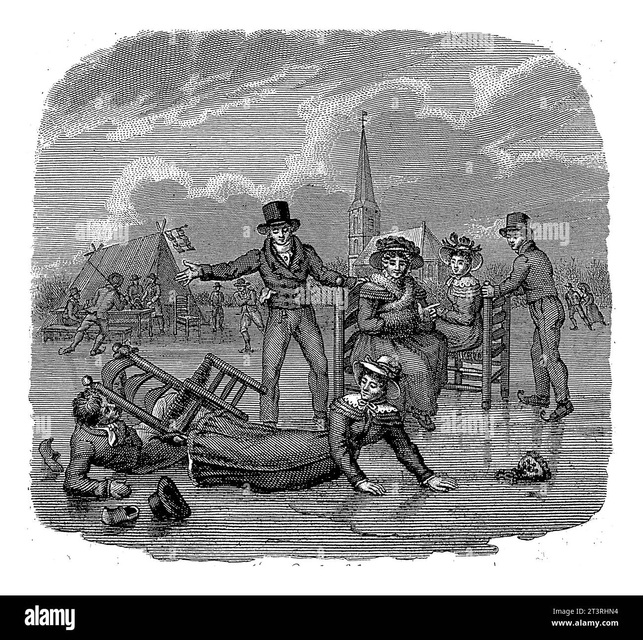 Deux personnages tombent sur la glace en patinant, Philippus Velijn, 1828 deux personnages tombent sur la glace en patinant. Sur la glace se trouvent quelques sabots, un chapeau et un b. Banque D'Images