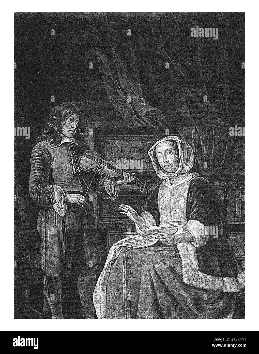 Homme jouant du violon et une femme chantant, Jacob Gole, d'après Gabriel Metsu, 1680 - 1700 intérieur avec un homme jouant du violon et une femme chantant. Le Banque D'Images