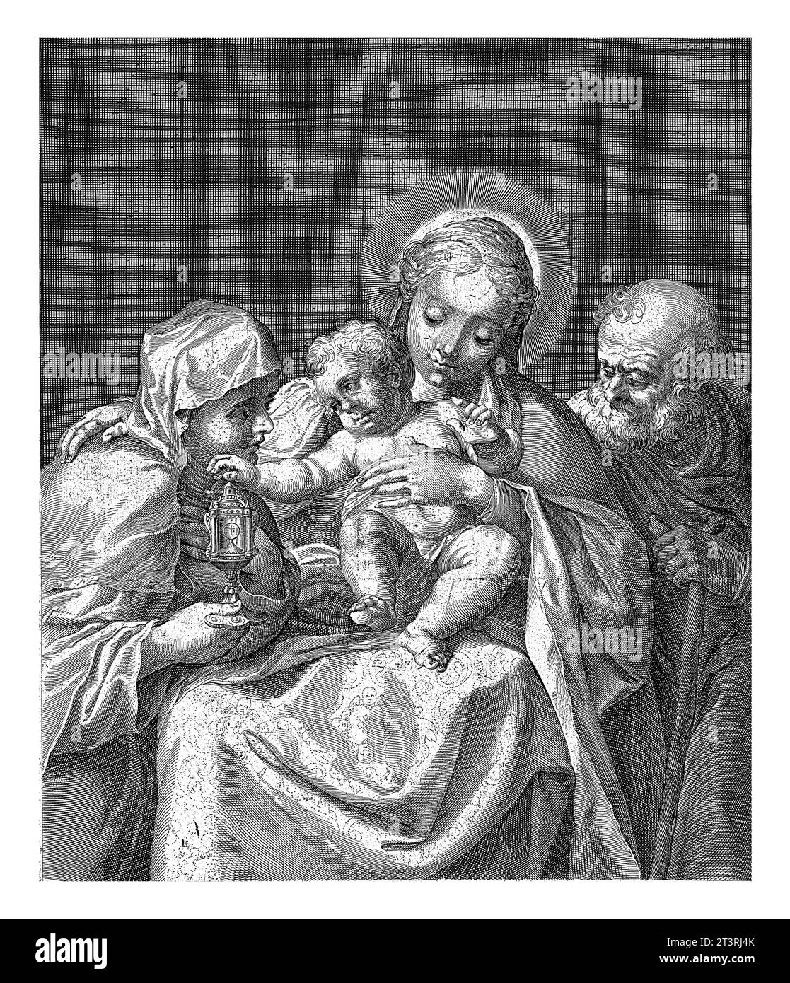 Sainte famille avec Sainte Anne, Dominicus Custos, c. 1579 - c. 1615 Marie est assise sur une chaise avec l'enfant sur ses genoux. Juste à côté de son Joseph appuyé sur un Banque D'Images Sainte famille avec Sainte Anne, Dominicus Custos, c. 1579 - c. 1615 Marie est assise sur une chaise avec l'enfant sur ses genoux. Juste à côté de son Joseph appuyé sur un Banque D'Images