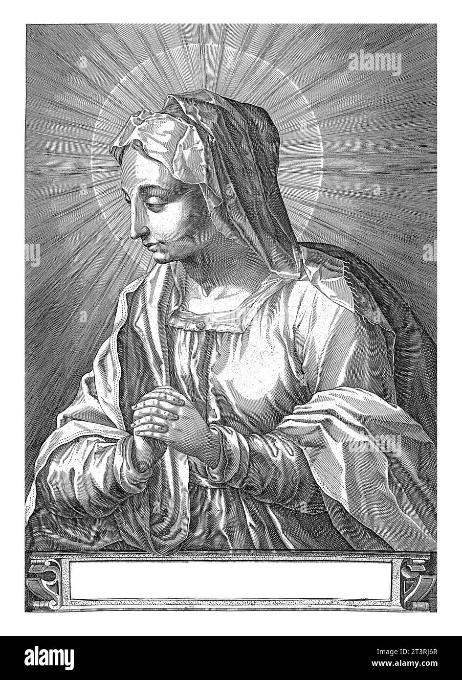 Maria, Egbert van Panderen, d'après Pieter Feddes van Harlingen, c. 1590 - 1637 Marie, en prière, à gauche. Sur le socle une légende de quatre lignes en latin Banque D'Images