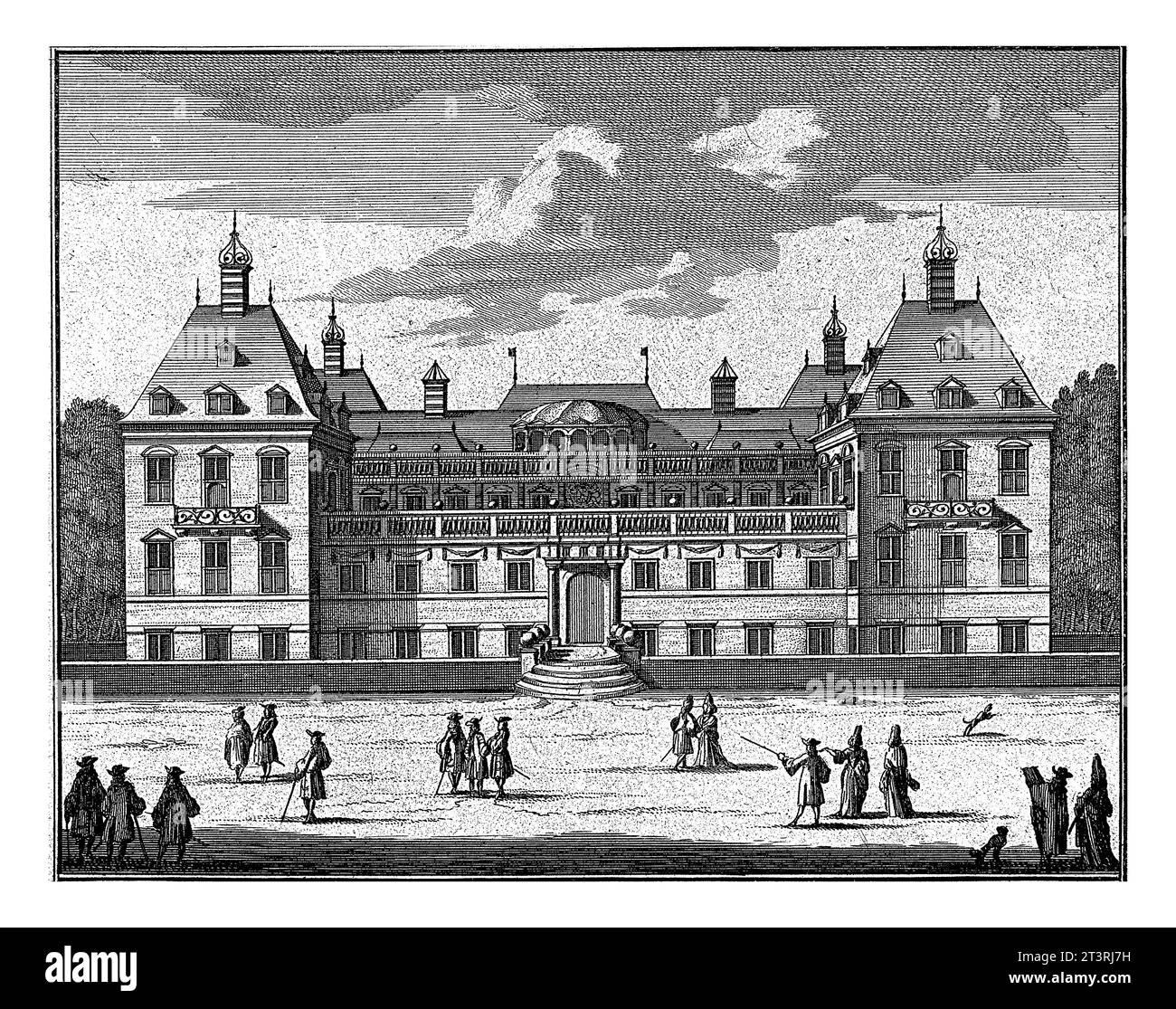 Palais Honselaarsdijk par derrière, Carel Allard (attribué à), 1689 - 1702 façade arrière du Palais Honselaarsdijk avec des groupes de marcheurs sur la place Banque D'Images