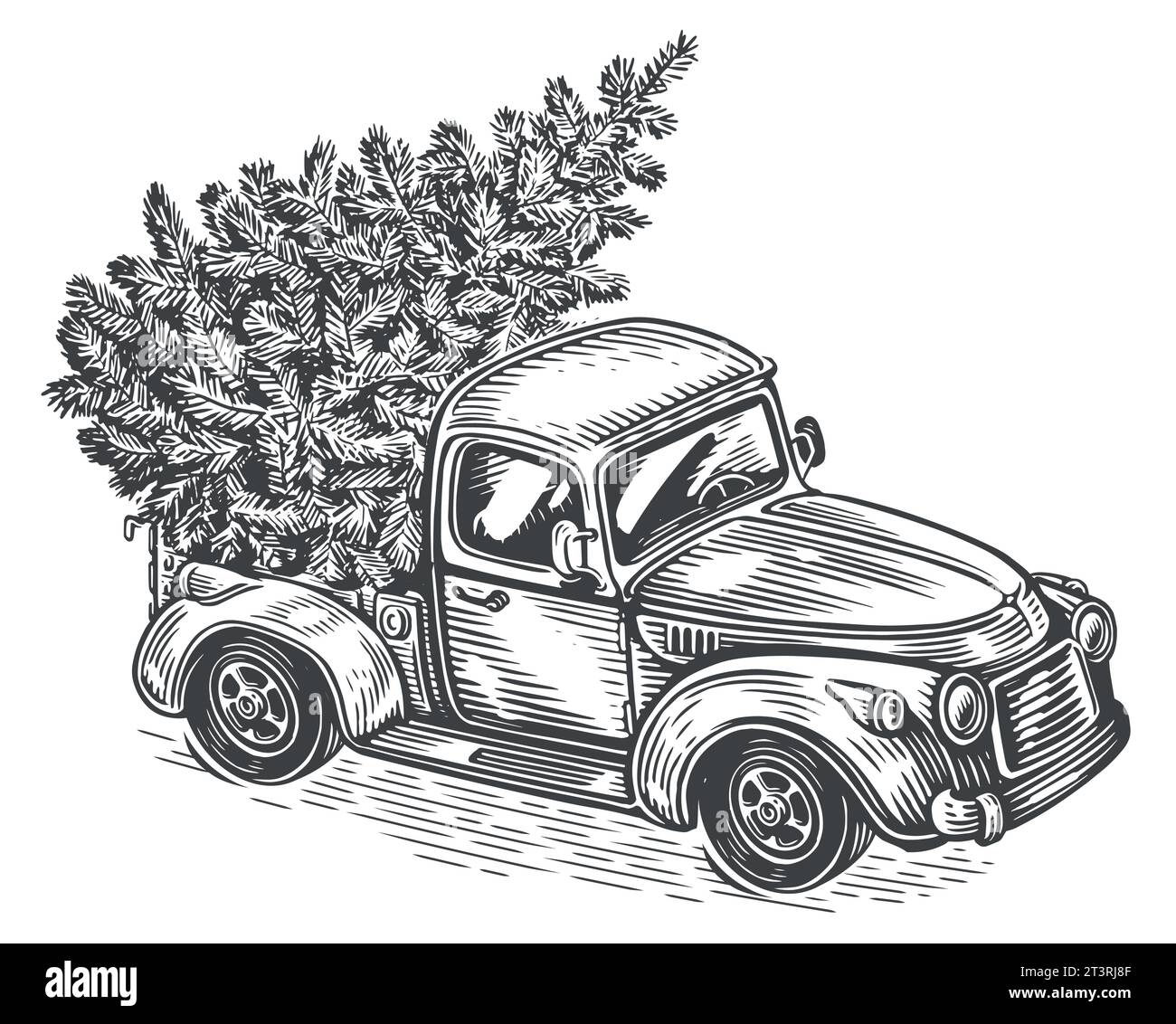 Camion rétro de Noël dessiné à la main avec arbre de pin dans le style de croquis. Joyeuses vacances illustration vectorielle vintage Illustration de Vecteur