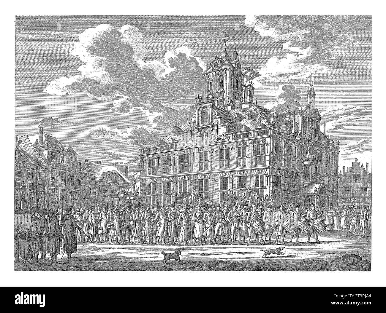Arrivée des troupes françaises à Delft, 1795, Johannes Jelgerhuis, 1795 - 1797 vue de la mairie de Delft et du marché où arrivent les troupes françaises. Banque D'Images