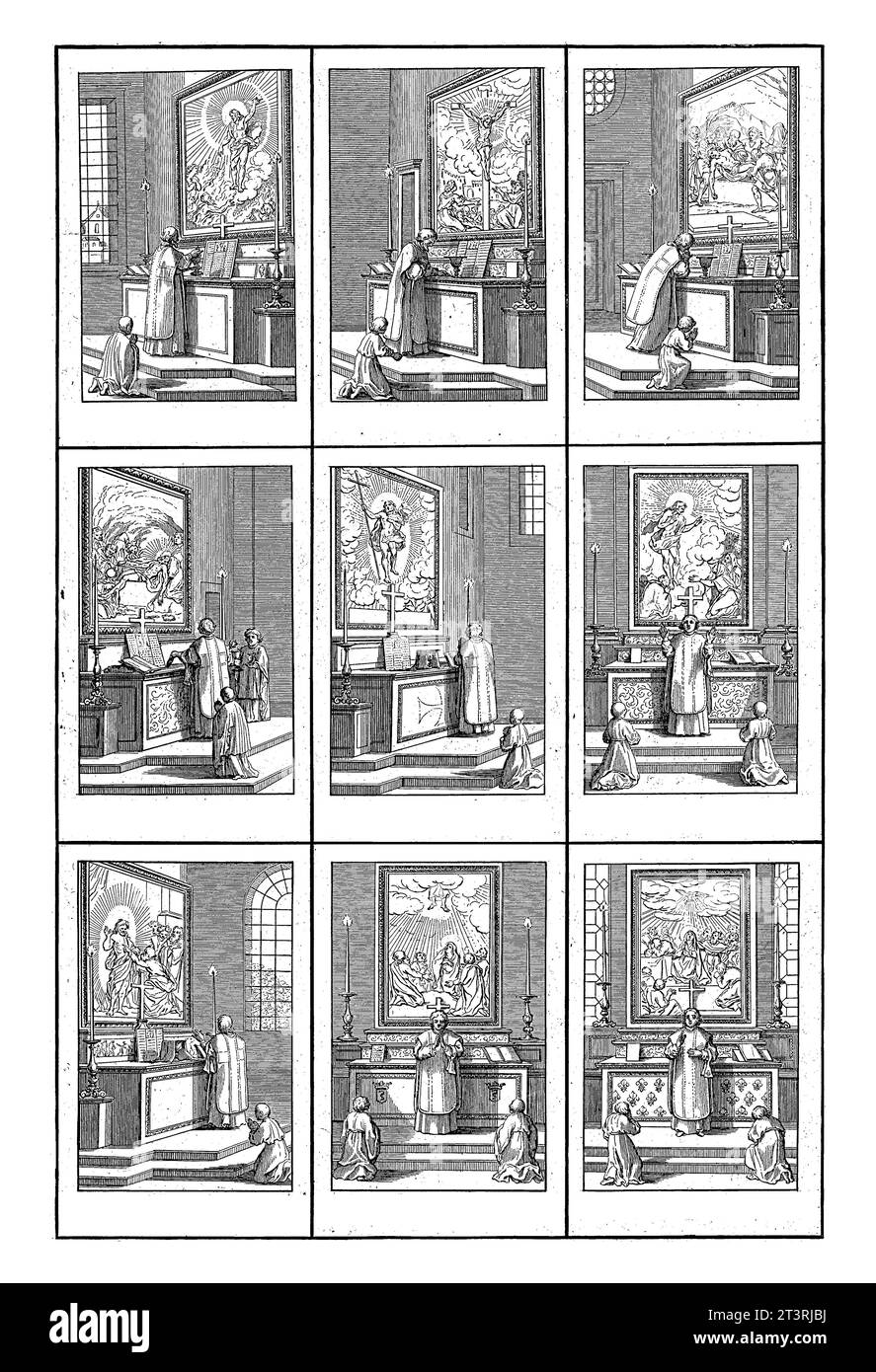Cérémonies à la Messe, Bernard Picart (atelier de), d'après Sébastien Leclerc, 1722 feuille avec neuf représentations représentant les cérémonies successives Banque D'Images