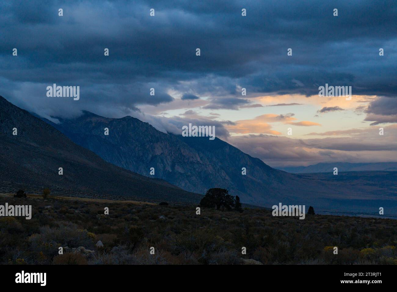 Matin nuageux dans les Buttermilks, au pied des montagnes de la Sierra Nevada à Bishop California. Couleurs d'automne et montagnes enneigées avec la Banque D'Images