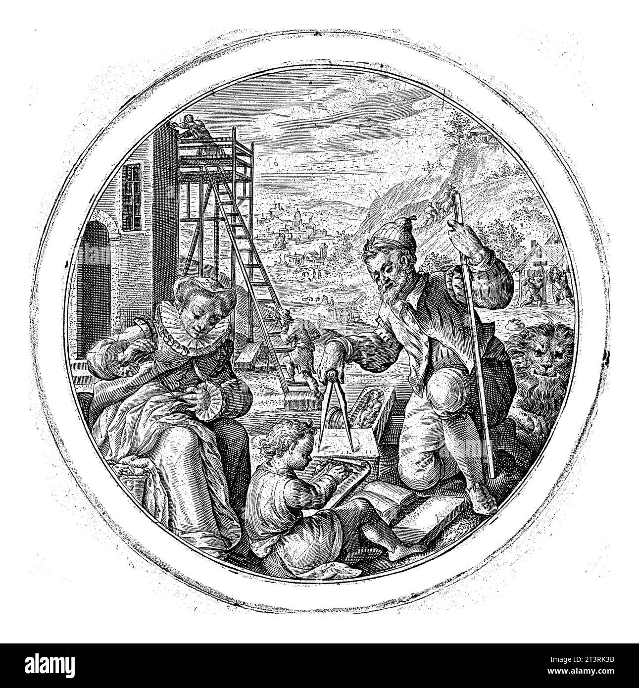 L'Homme à quarante ans, Crispijn van de passe (I), 1574 - 1637 un architecte s'agenouille et dessine avec sa boussole, dans sa main gauche il tient un mesureur Banque D'Images