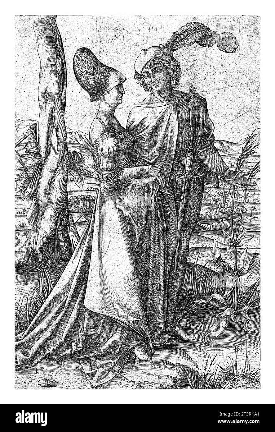 Un jeune homme et une jeune femme marchent dans un paysage vallonné. Derrière un arbre, la mort (sous la forme d'un squelette avec un sablier) se cache pour le Banque D'Images