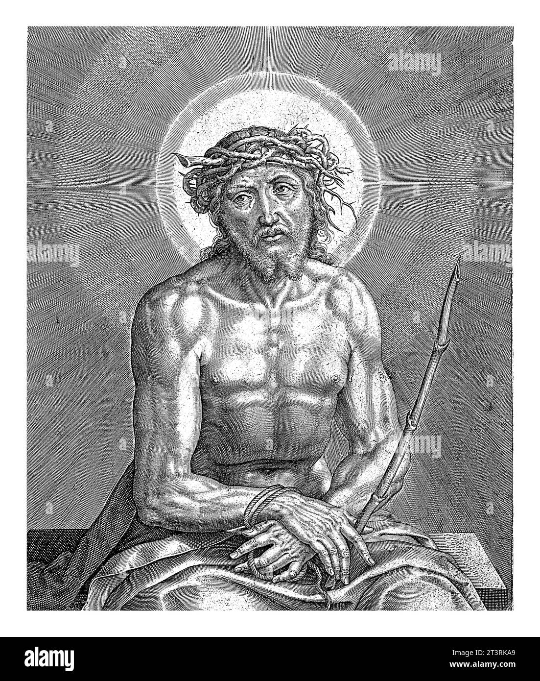 Christ avec la Couronne d'épines (Ecce Homo), Hieronymus Wierix, 1563 - avant 1612 Christ est assis sur un banc, les mains liées, et sur sa tête le c Banque D'Images