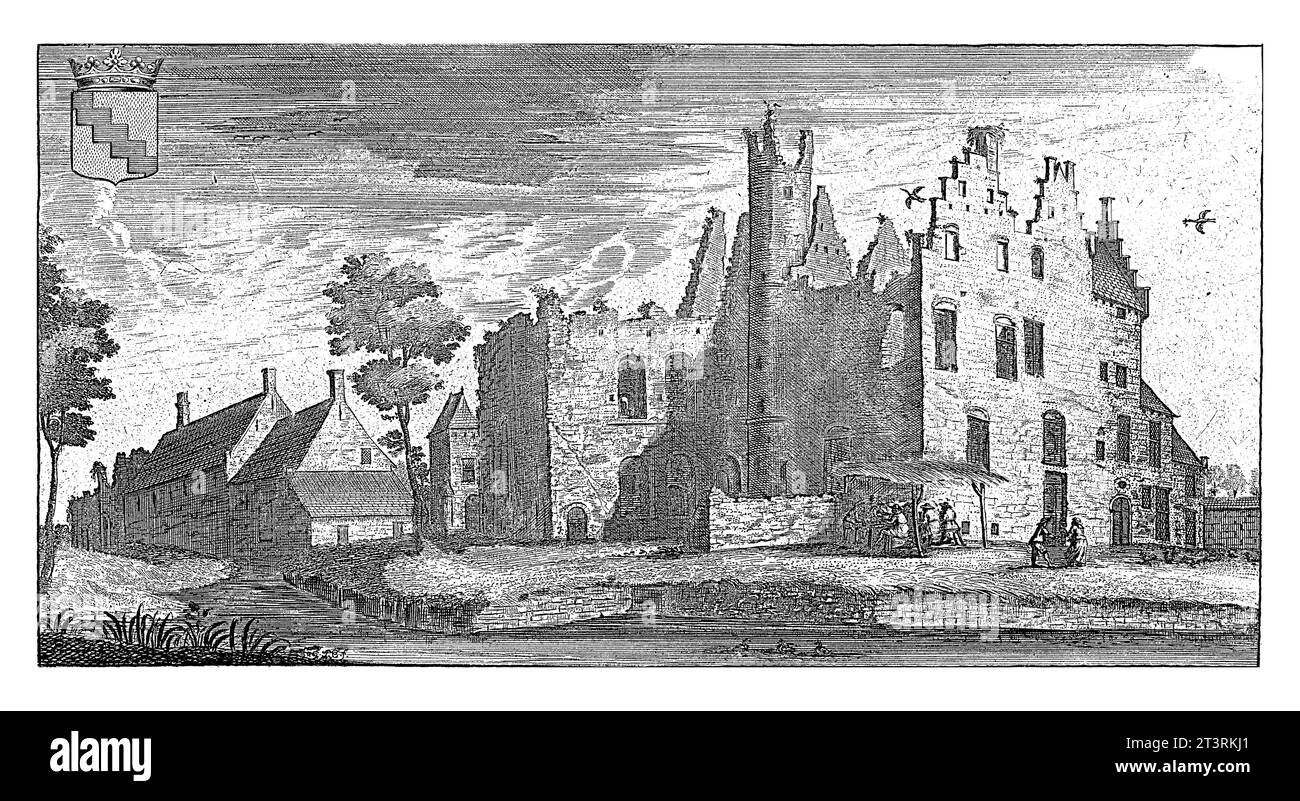 Château de Rumpst, Franz Ertinger, 1697 vue du château de Rumst en ruine, près d'Anvers. Les gens s'assoient à une table sous un toit de chaume. En haut à gauche la co de famille Banque D'Images