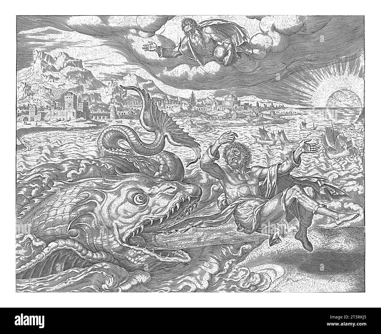 Le poisson crache Jonah sur terre, Philips Galle, d'après Maarten van Heemskerck, 1596 - 1633 après avoir survécu trois jours et nuits dans le ventre du f Banque D'Images