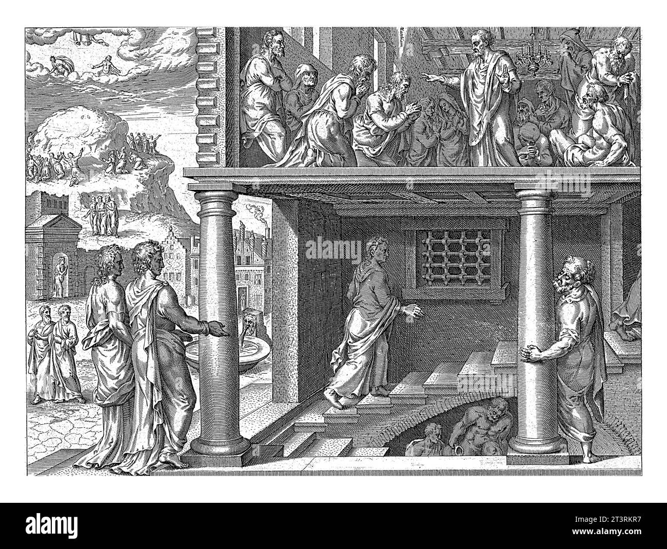 Ascension du Christ et élection de Mattias, anonyme, d'après Philips Galle, d'après Maarten van Heemskerck, 1646 en arrière-plan l'Ascension de Chr Banque D'Images