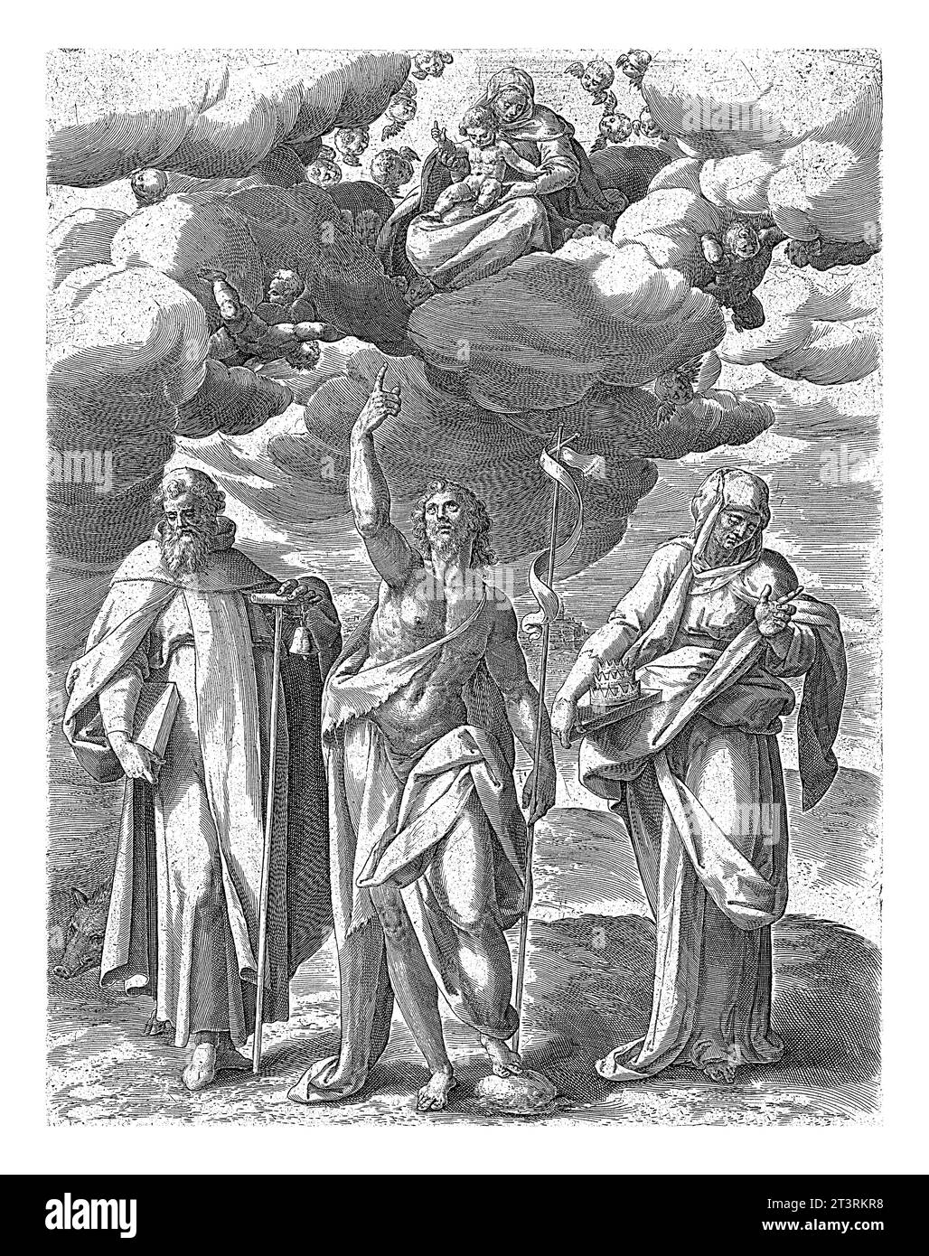 Paysage avec trois saints, Crispijn van de passe (I), d'après Bartholomeus Spranger, 1574 - 1637 Paysage avec Saint Antoine d'Egypte avec son cochon, J Banque D'Images