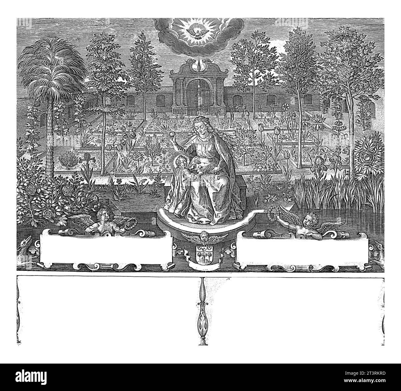 Marie avec Christ enfant dans le jardin clos, Johannes Wierix, 1606 dans le jardin clos, Marie est assise sur un banc. Le jardin est clos par un mur et est Banque D'Images