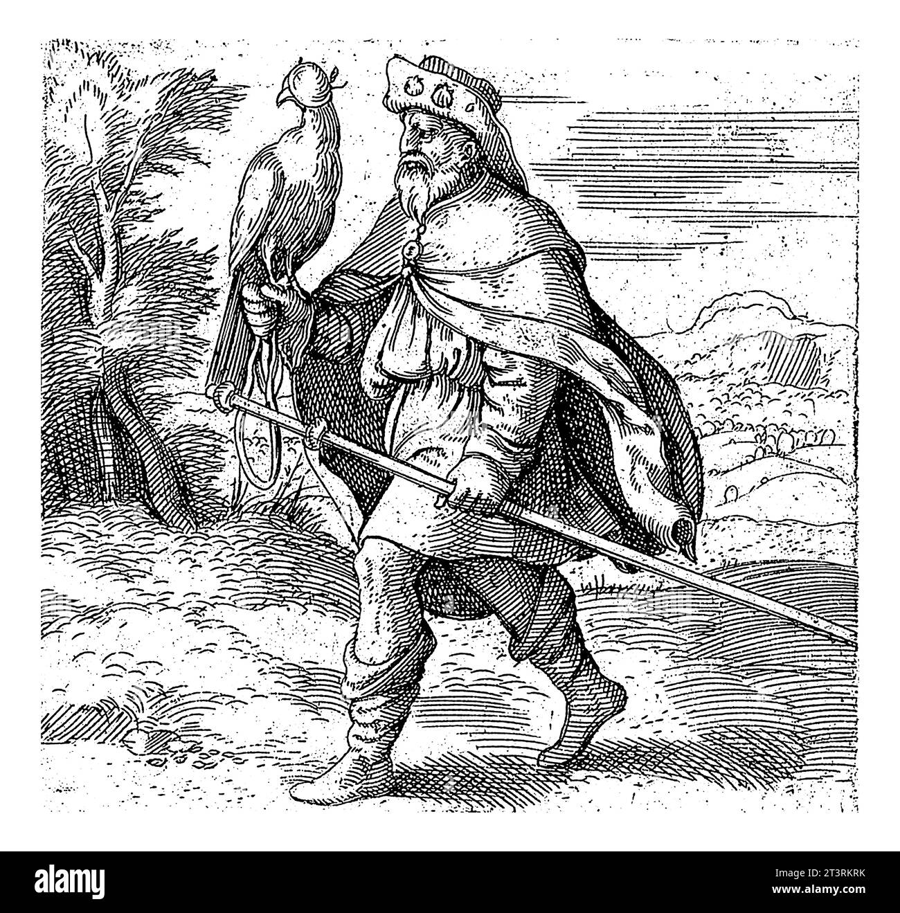 Exil, Enea Vico, d'après Francesco Salviati, 1533 - 1567 pèlerin avec chapeau et bâton, marchant avec un faucon à la main. En haut à droite, une ligne de L. Banque D'Images