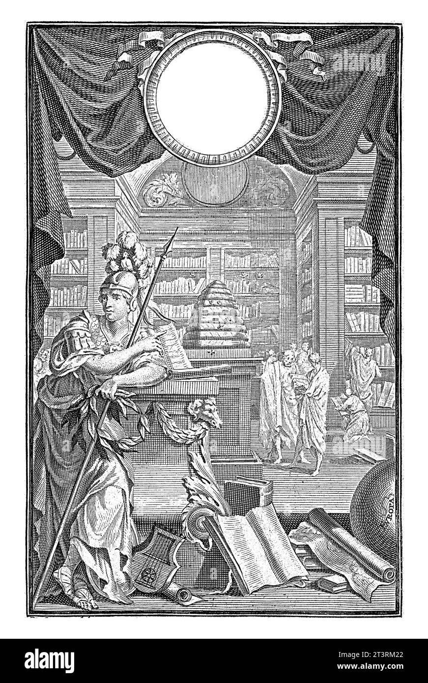 Une figure allégorique avec lance, casque et couronne de Laurier s'appuie sur un socle. En arrière-plan, les érudits classiques consultent des livres dans une bibliothèque. Banque D'Images