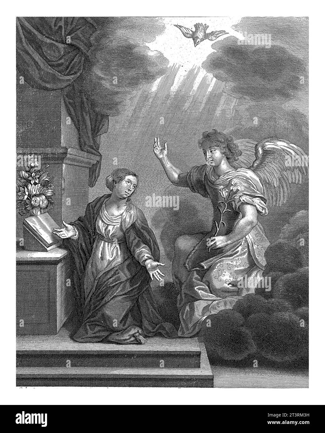 Annonciation à Marie, Abraham Bloteling, d'après Johann Liss, 1655 - 1690 Marie s'agenouille devant un autel et lit un livre. L'ange Gabriel lui apporte le Banque D'Images Annonciation à Marie, Abraham Bloteling, d'après Johann Liss, 1655 - 1690 Marie s'agenouille devant un autel et lit un livre. L'ange Gabriel lui apporte le Banque D'Images