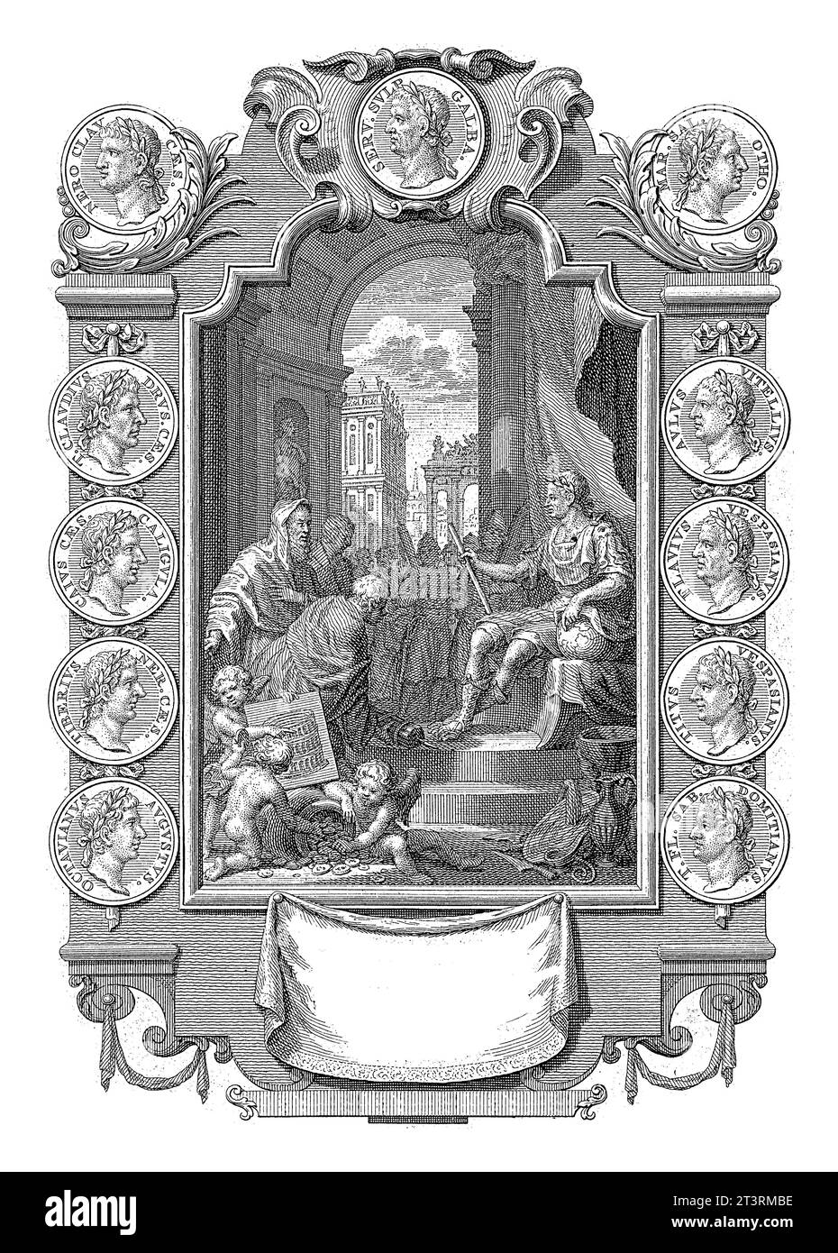 Allégorie de la règle romaine, Jan Caspar Philips, 1746 Un empereur romain est assis sur son trône, sceptre et globe dans ses mains. Un prêtre lui apporte un sacrificiel A. Banque D'Images