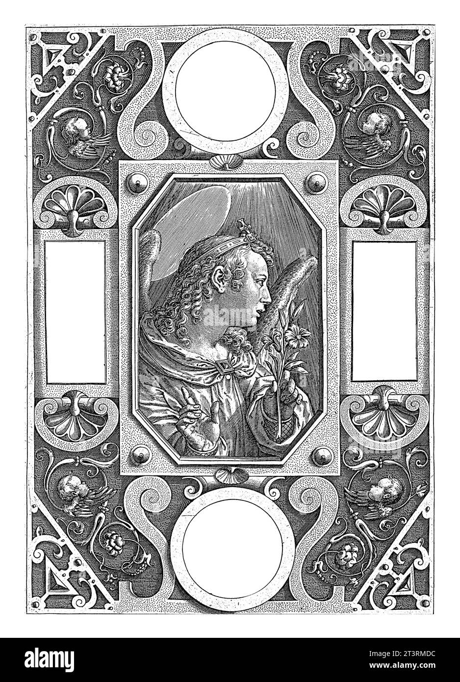 Annonciation (ange Gabriel), Hieronymus Wierix, d'après Jan van der Straet, 1598 - 1602 l'ange Gabriel tient un lys dans sa main et fait un discours Banque D'Images