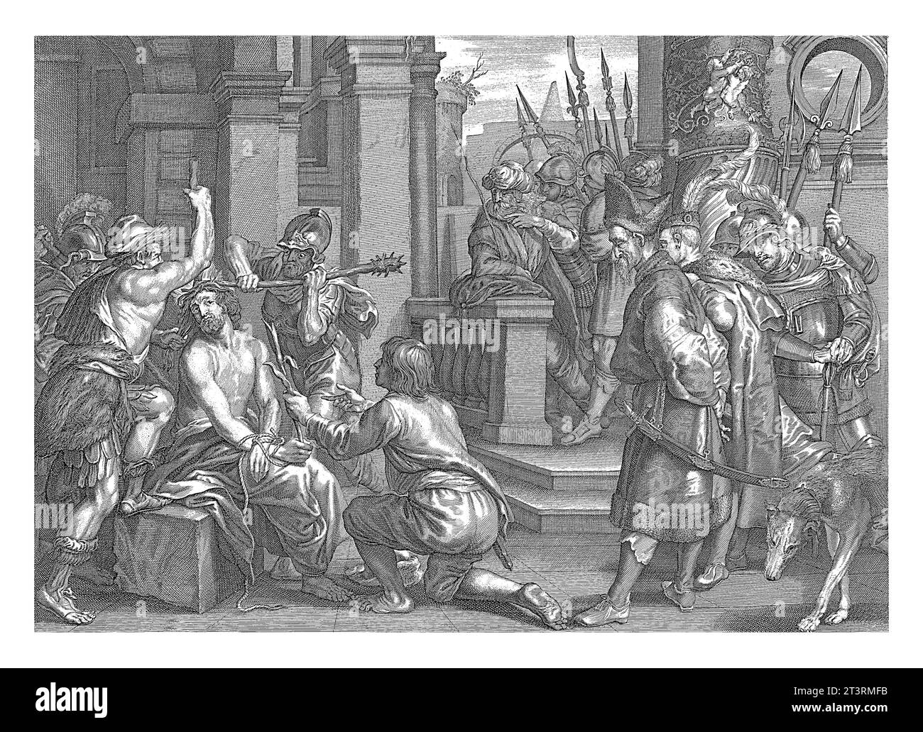 Couronnement des épines, anonyme, d'après Pieter de Bailliu (I), d'après Abraham van Diepenbeeck, 1630 - 1702 les hommes poussent la couronne d'épines du Christ sur la tête Banque D'Images