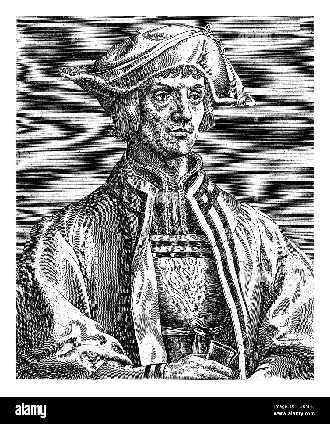 Portrait du peintre Lucas van Leyden, Johannes Wierix (attribué à), d'après Albrecht durer, 1600 - 1650 au-dessus, la personne a représenté une ligne avec bi Banque D'Images