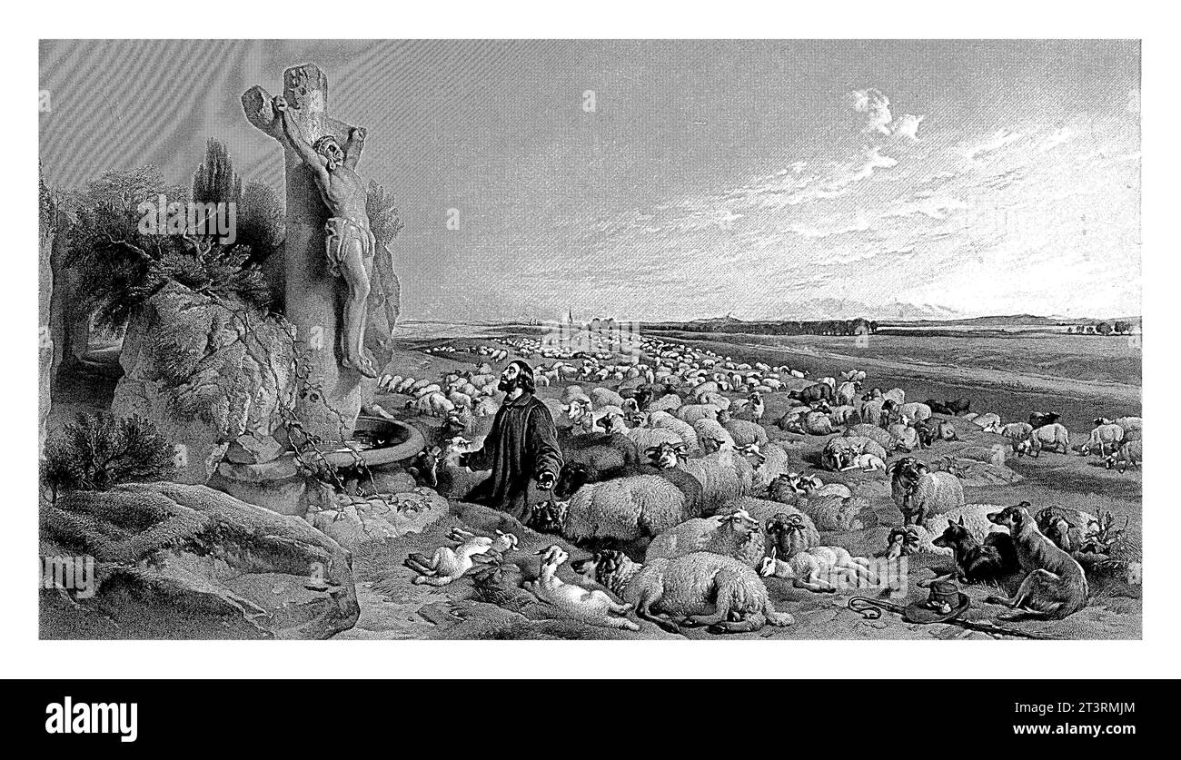 La prière du berger. D'après Sir Edwin Landseer, avec les adresses de ranes et Knoedler, Thomas Lewis Atkinson, d'après Edwin Henry Landseer (Sir), 1827 - Banque D'Images