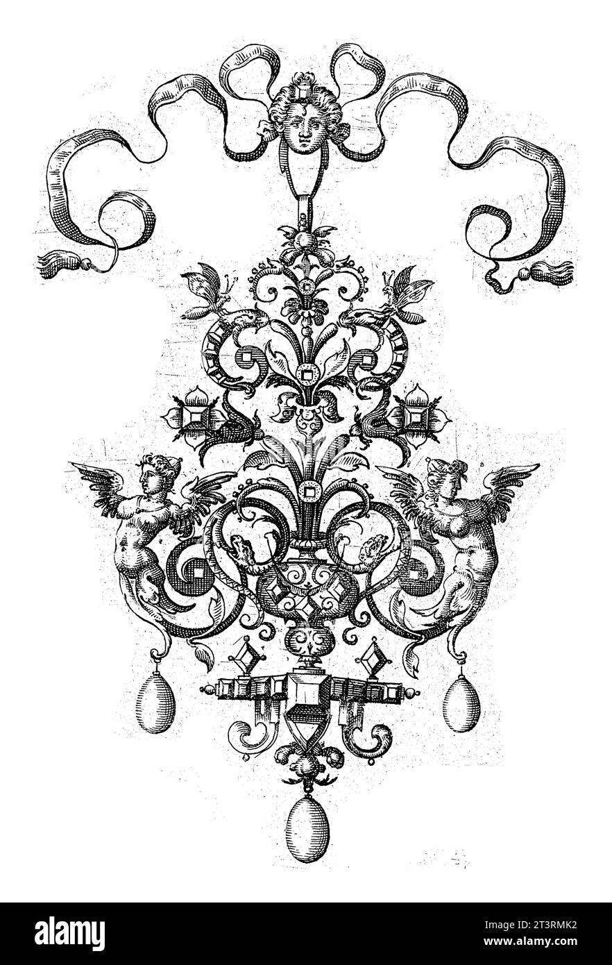 Pendentif avec vase à fleurs, anonyme, d'après Paul Birckenhultz, 1571 - 1639 pendentif avec vase à fleurs entre le haut du corps de deux femmes ailées. Banque D'Images