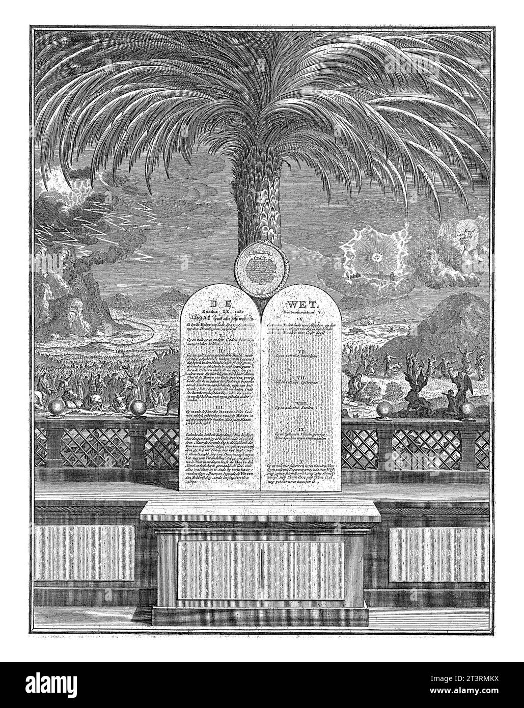 Les tables de la Loi, Gerrit de Broen (II), c. 1720 - c. 1774 au centre deux tablettes de pierre avec les dix commandements appuyés sur un palmier. Dans Th Banque D'Images