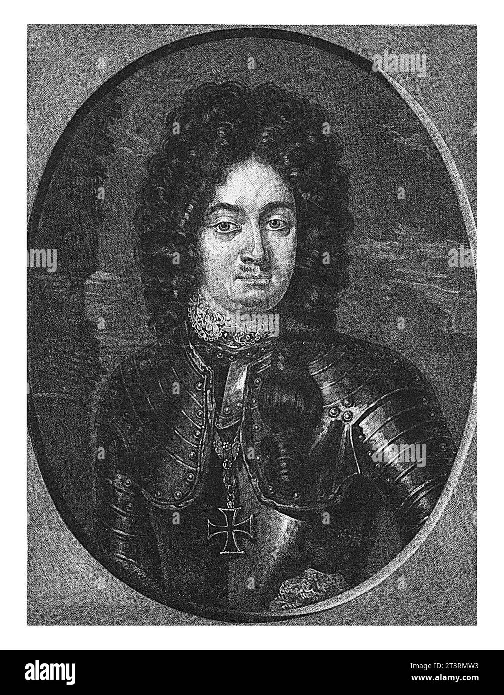 Portrait de Karl Godfried baron van Deloe, Pieter Schenk (I), 1670 - 1713, gravé vintage. Banque D'Images