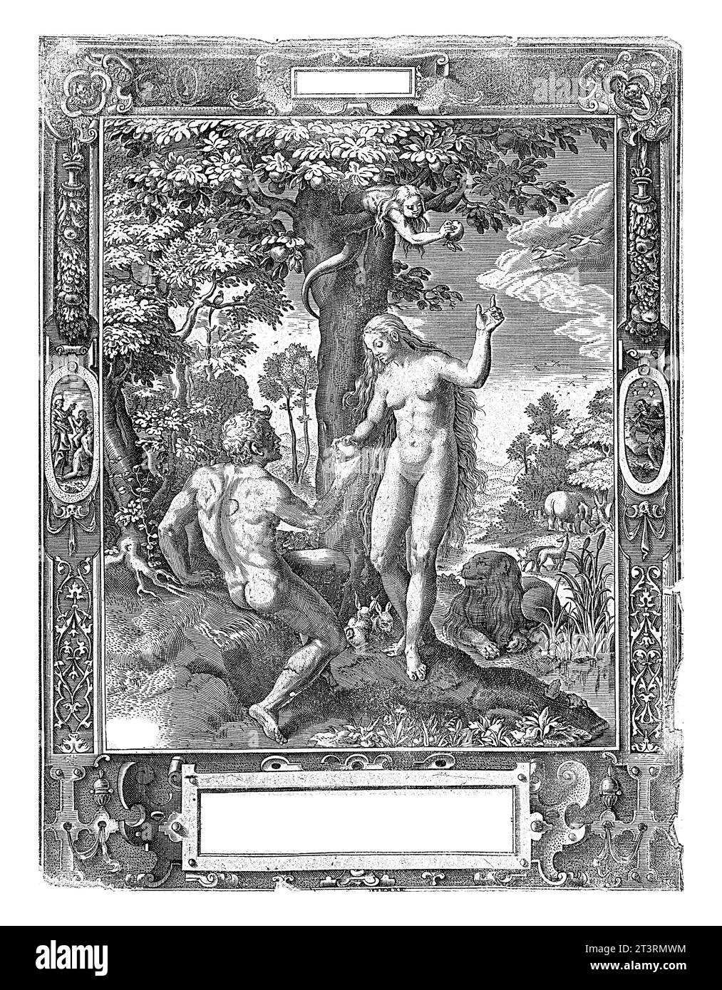 Sin, anonyme, après Maerten de vos, 1584 Eve offre à Adam une pomme, tandis que de son autre main elle atteint à nouveau le serpent dans l'arbre. Banque D'Images