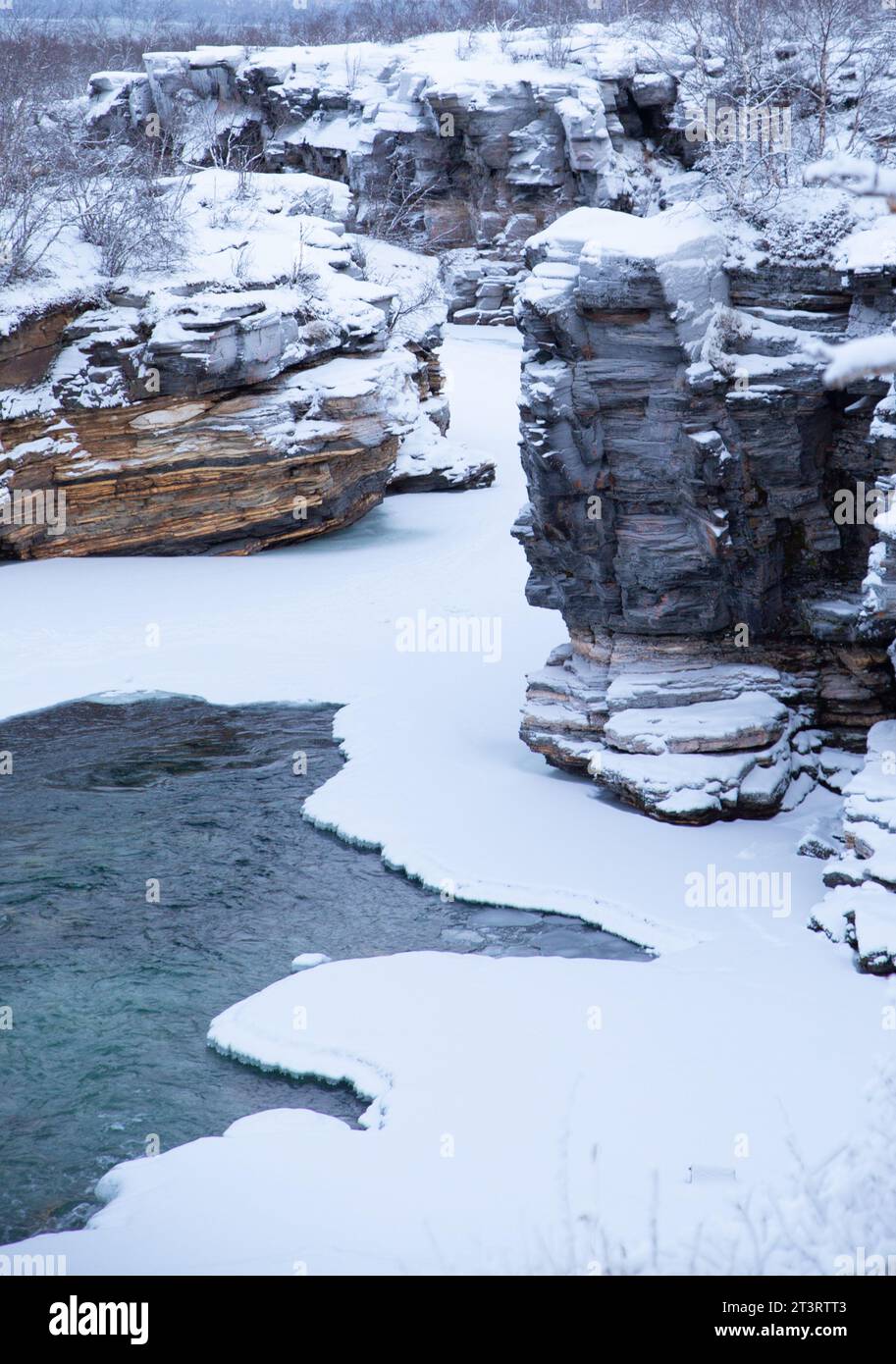 Enneigé Abisko Canyon en hiver dans le parc national d'Abisko, conte de fées Banque D'Images