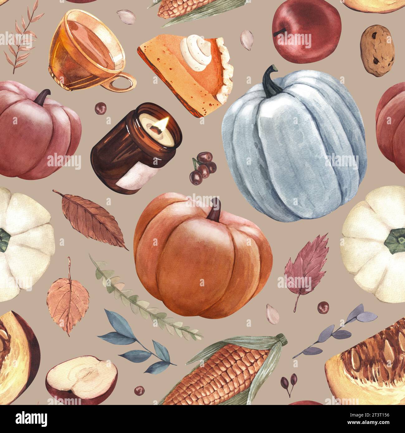 Citrouilles à motif aquarelle, tarte à la citrouille, feuilles d'automne, pomme et objets du jour de Thanksgiving. Illustration dessinée à la main isolée sur fond gris Banque D'Images