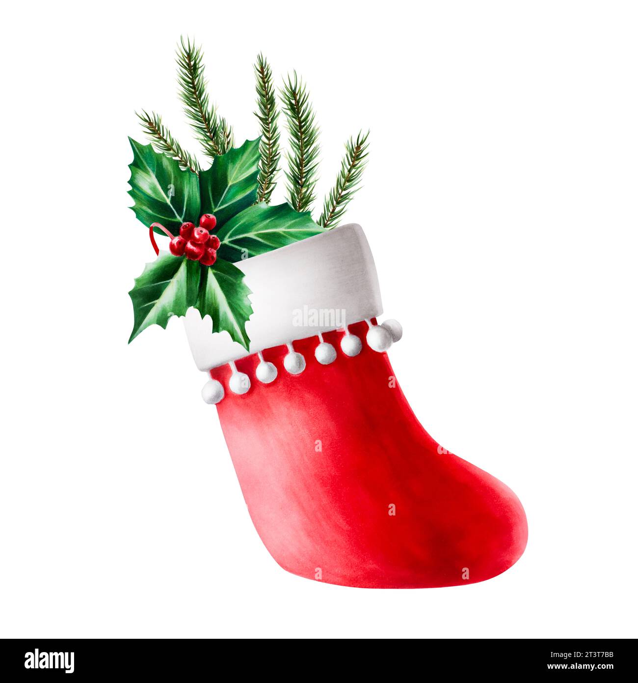 Bas de noël rouge aquarelle avec branches de sapin et houx Berry. Illustration du symbole botanique de décembre du nouvel an isolé sur fond blanc. Pour Banque D'Images