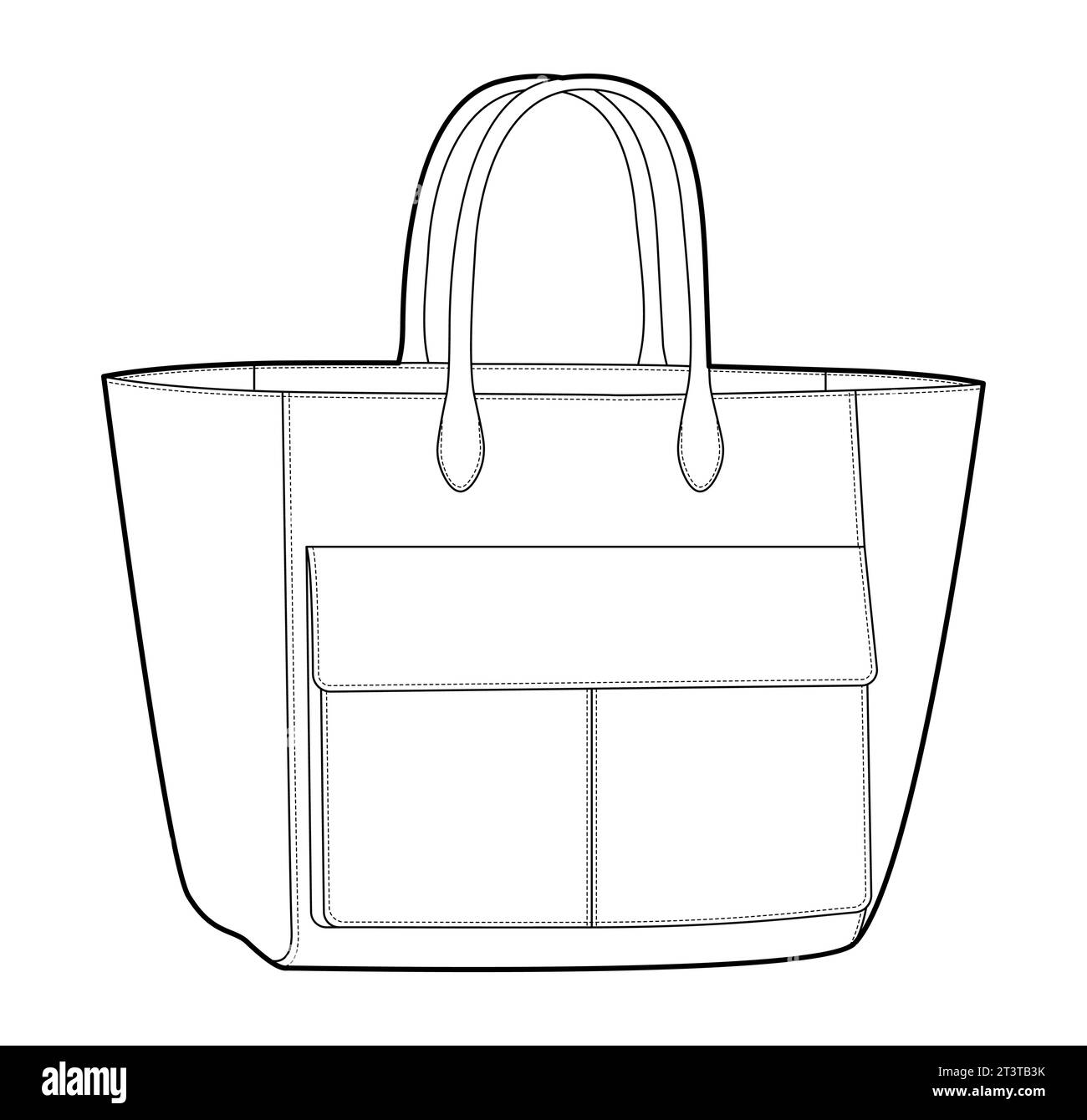 Sac fourre-tout XL avec poche 3D à rabat avant et proportions extra-larges. Illustration technique accessoire de mode. Vector satchel vue avant 3-4 pour les hommes, les femmes style, sac à main plat CAD maquette esquisse contour Illustration de Vecteur