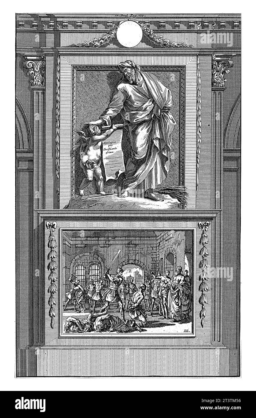 H. Justinus le philosophe, apologiste, Jan Luyken, d'après Jan Goeree, 1698 le Saint apologiste Justin le philosophe est présenté avec un rouleau par an Banque D'Images