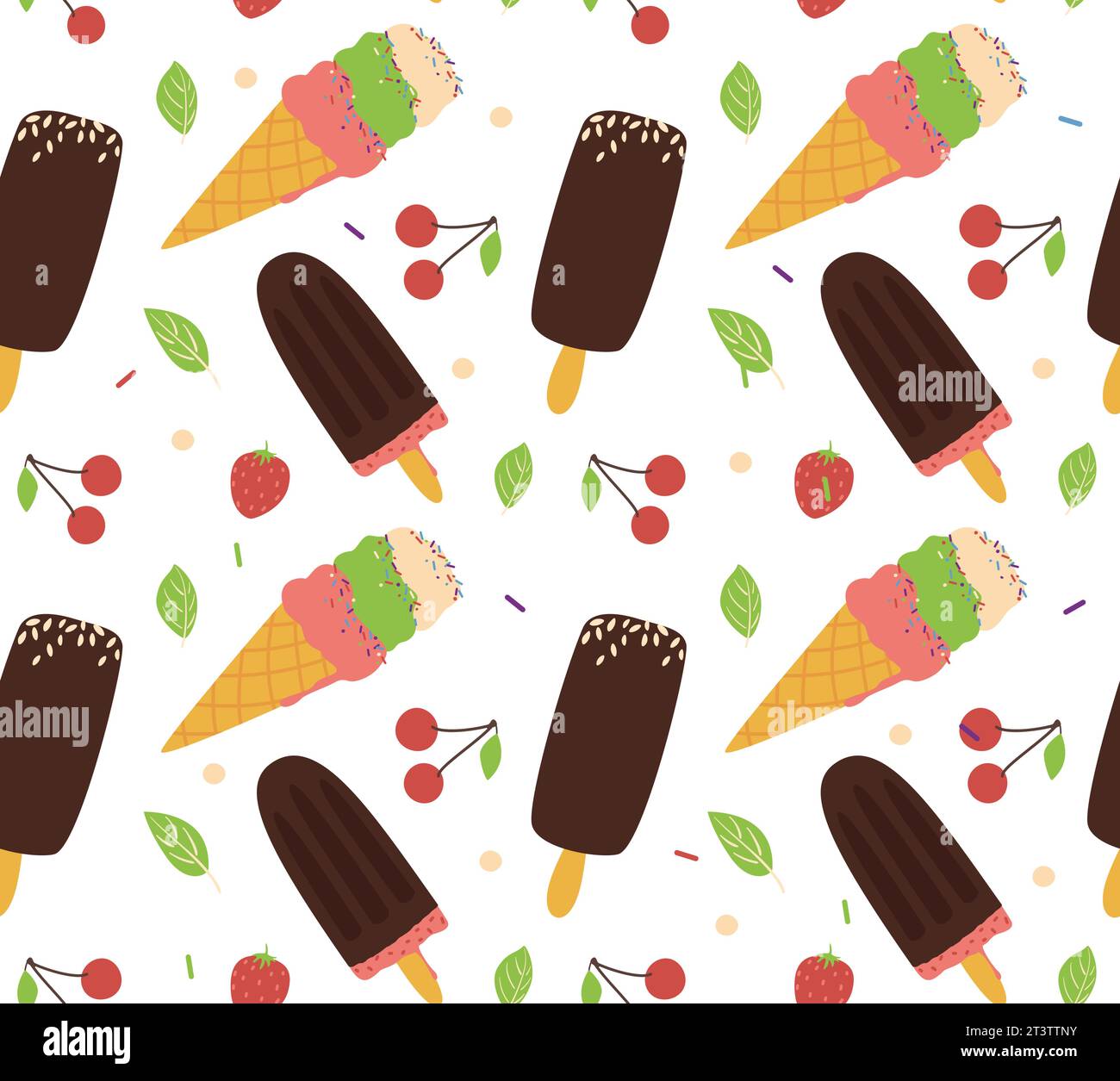 Crème glacée, fruits et menthe motif sans couture. Corne et deux types de crème glacée au chocolat sur un bâton. Illustration vectorielle dans un style plat Illustration de Vecteur