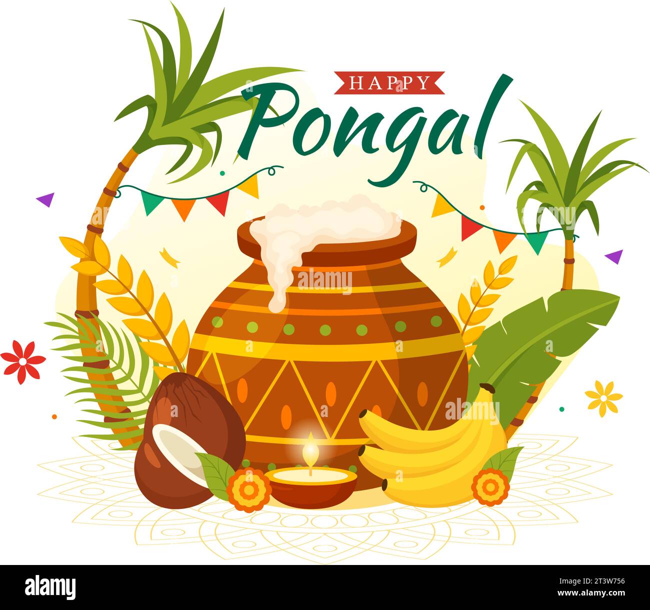 Happy Pongal Vector Illustration de la célébration traditionnelle du Festival de l'Inde Tamil Nadu avec canne à sucre et plaque d'accessoires religieux en fond plat Illustration de Vecteur