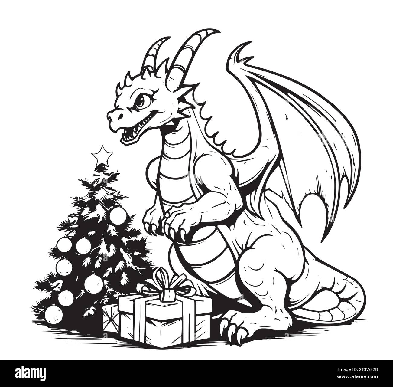 Symbole de l'année dragon 2024. Coloriage de bébé dragon mignon avec des cadeaux et un arbre de 