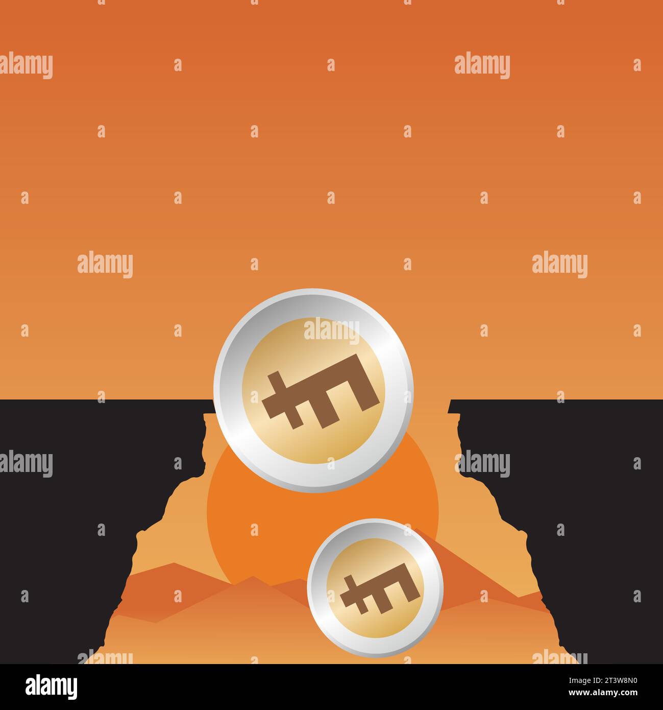 Pièces avec symbole de franc suisse tombant d'une falaise au coucher du soleil Illustration de Vecteur