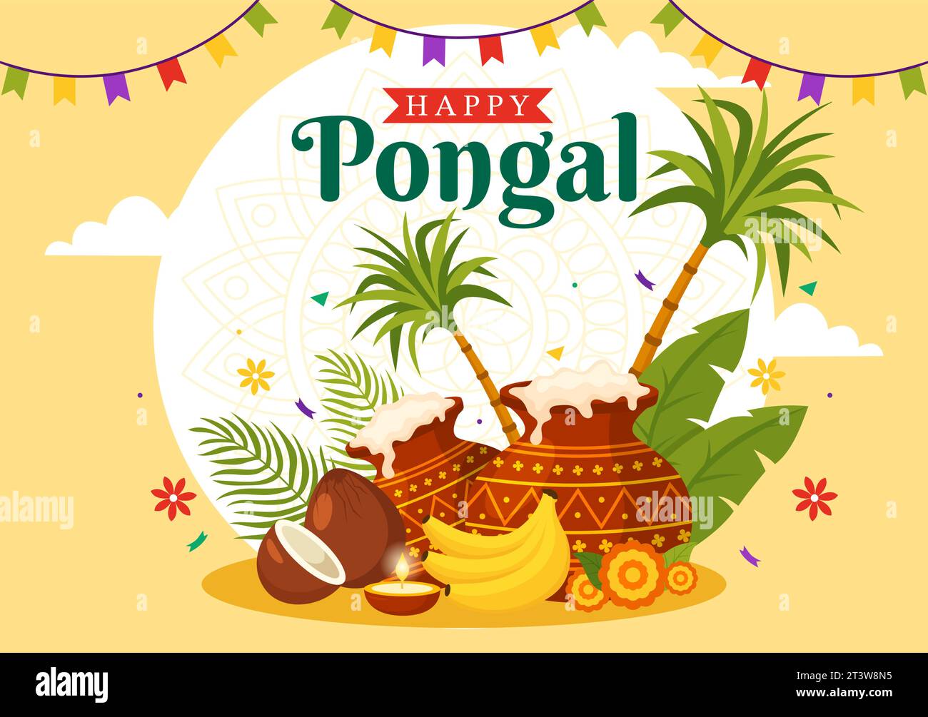 Happy Pongal Vector Illustration de la célébration traditionnelle du Festival de l'Inde Tamil Nadu avec canne à sucre et plaque d'accessoires religieux en fond plat Illustration de Vecteur